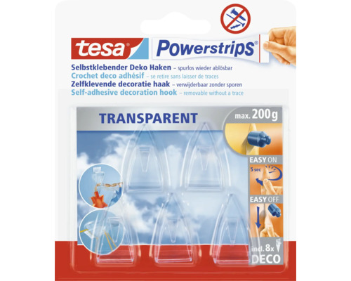 Tesa Powerstrips dekorační háčky, samolepicí a beze stopy odstranitelné, transparentní provedení, maximální zatížení 200 gramů, 8 kusů