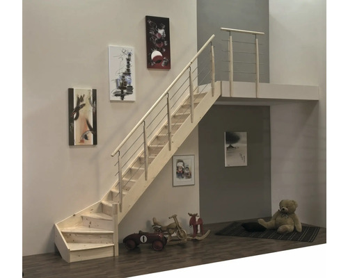 Dřevěné schodiště se zábradlím v dětském pokoji s hračkami a obrazy