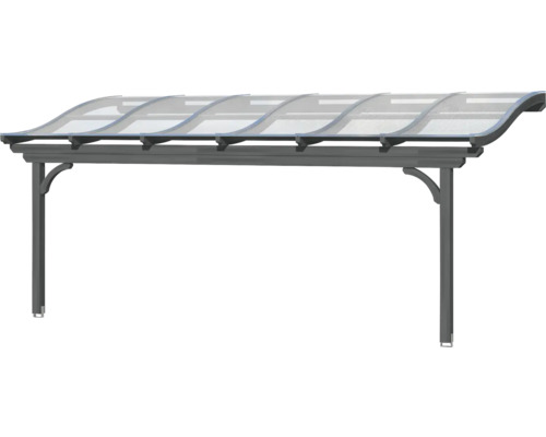 Stříška se zakřiveným, průhledným zastřešením a šedými podpěrami