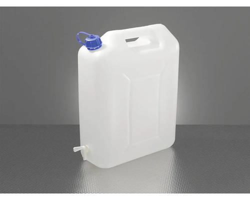 Bílý plastový kanystr s kohoutkem a modrým šroubovacím uzávěrem