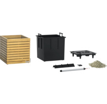 Dřevěný květináč se zavlažovacím systémem a příslušenstvím