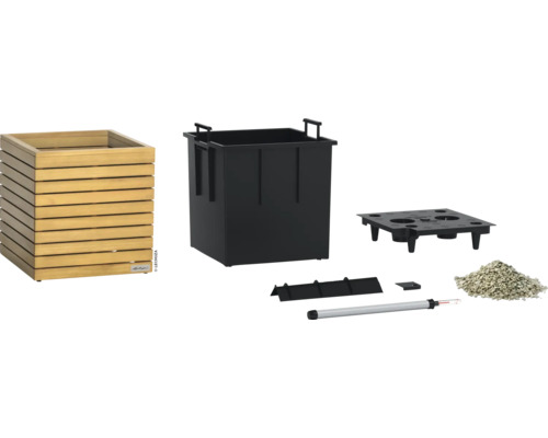 Dřevěný květináč se zavlažovacím systémem a příslušenstvím