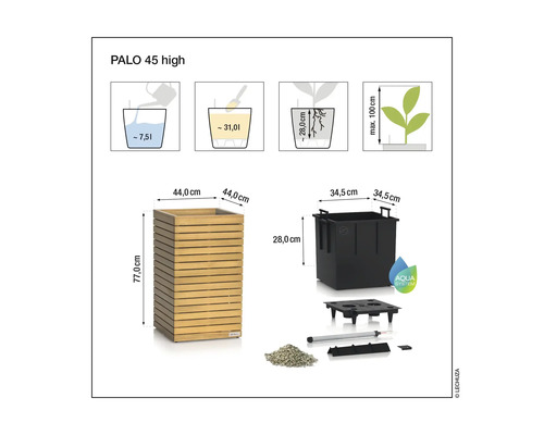 Obrázek květináče Palo 45 high s rozměry a systémem Aqua