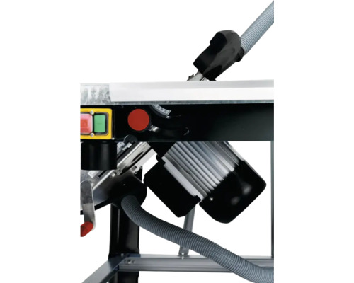 Detailní pohled na stolní okružní pilu s odsáváním a ovládacími prvky
