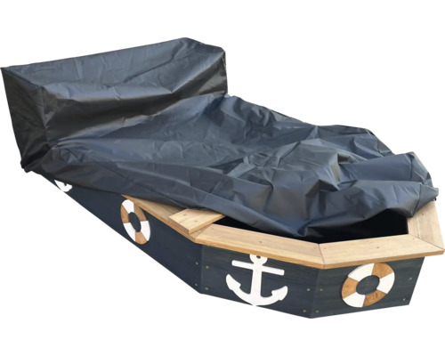 Zakrytý pískoviště ve tvaru lodi s námořní výzdobou.