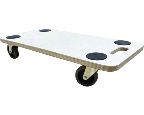 Dřevěný vozík na nábytek se čtyřmi kolečky a protiskluzovými podložkami.