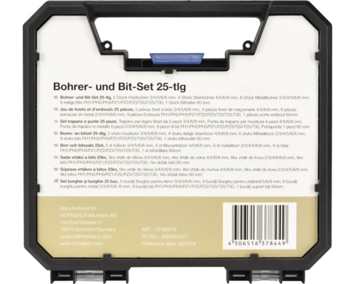 Sada vrtáků a bitů 25 kusů s vrtáky do dřeva, vrtáky do zdiva, vrtáky do kovu a bity