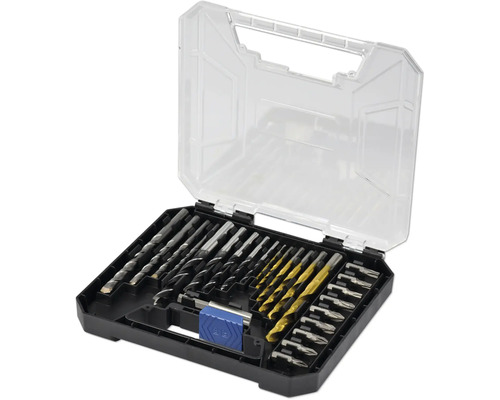 Sada vrtáků a bitů v průhledném úložném boxu