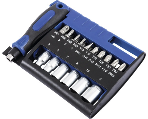 Sada bitů a nástrčných klíčů s rukojetí šroubováku