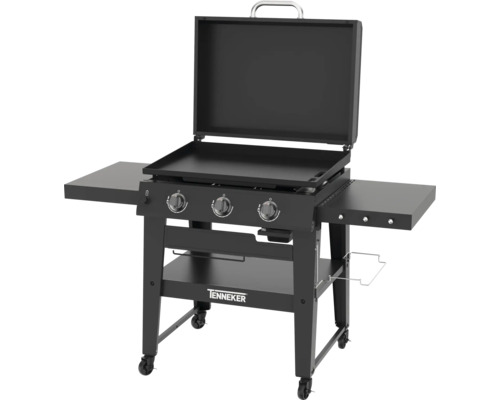 Plynový gril Tenneker s grilovací deskou, třemi hořáky, odkládacími plochami a kolečky