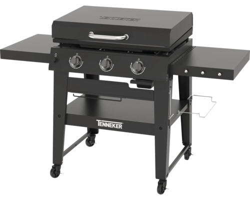 Černý plynový gril Tenneker se třemi hořáky, odkládacími plochami a kolečky
