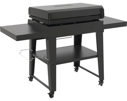 Černý grilovací vozík s odkládacími plochami a kolečky