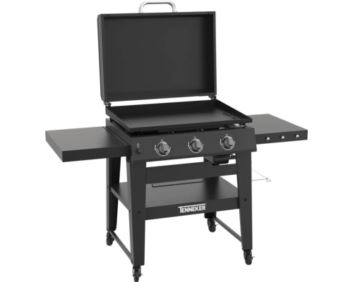 Černý plynový gril se třemi hořáky, krytem a odkládacími plochami po stranách
