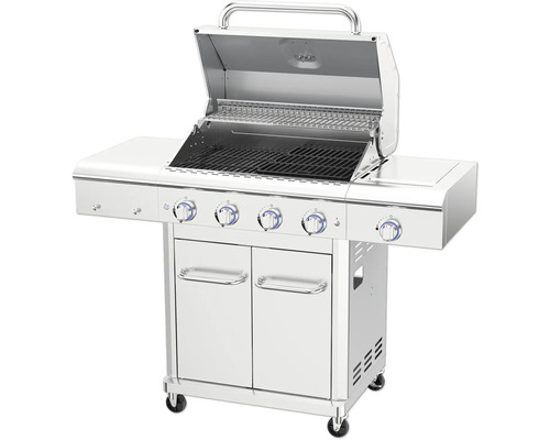 Grilovací vozík z nerezové oceli s otevřeným víkem a čtyřmi hořáky