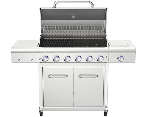 Gril s otevřeným víkem a ovládacími knoflíky