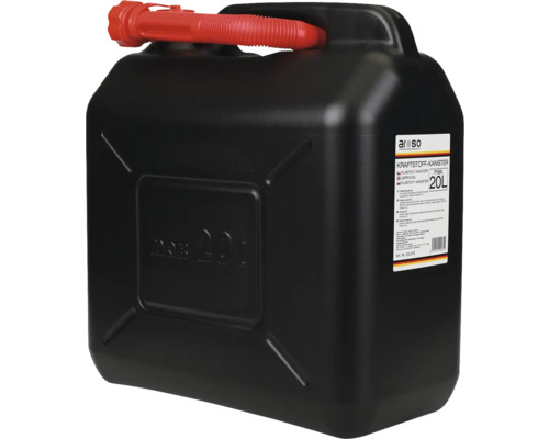 Černý 20litrový plastový kanystr na palivo s červenou výlevkou