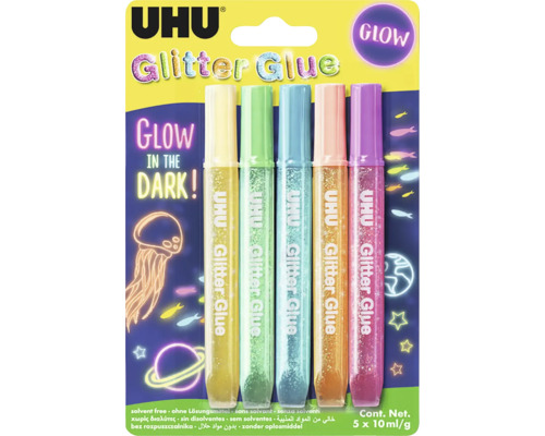 Třpytivé lepidlo UHU Glitter Glue Glow in Dark 5x10 ml Sada Uhu Glitter Glue s pěti tyčinkami třpytivého lepidla
