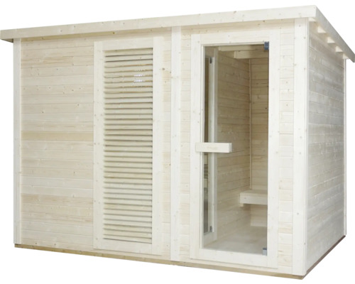 Dřevěná sauna se skleněnými dveřmi a ventilačním prvkem do zahrady