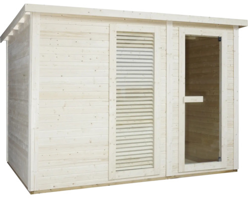 Dřevěná sauna se skleněnými dveřmi a ventilací