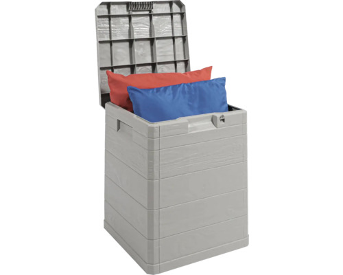 Šedý úložný box s otevřeným víkem a dvěma polštáři