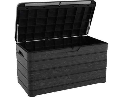 Otevřený černý zahradní box s vzhledem dřeva pro venkovní skladování