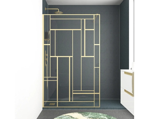 Walk In Aurlane Art Deco Gatsvy 120 cm barva rámu zlato dekor skla čiré sklo Sprchový kout s geometrickým rámem a sprchovou hlavicí