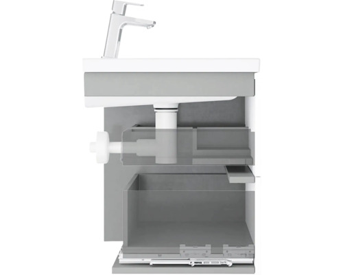 Skříňka pod umyvadlo s umyvadlem a otevřeným systémem zásuvek.