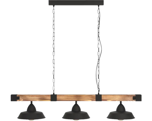 Závěsné svítidlo s dřevěným trámem a třemi světly