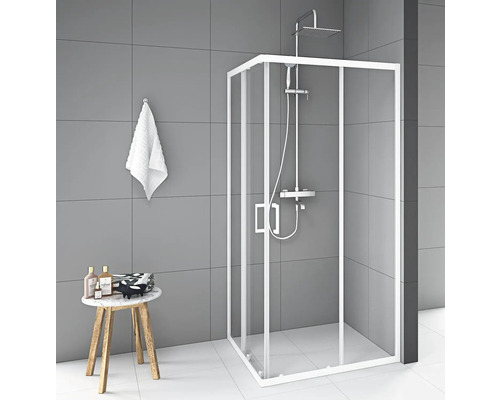 Sprchový kout s rohovým vstupem Aurlane Factory White Square 90 x 90 cm barva rámu bílá dekor skla čiré sklo Sprchový kout s rohovým vstupem Aurlane Factory White Square 90 x 90 cm barva rámu bílá dekor skla čiré sklo