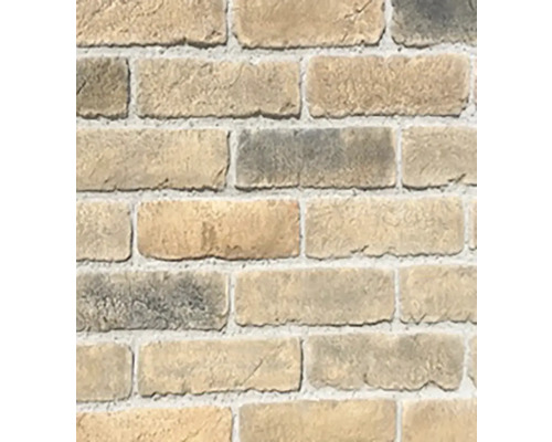 Obkladový pásek cihlový Castle Brick Cremona 316 Detail zdi se světle hnědými cihlami a šedými spárami.
