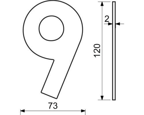 Nerezové číslo RN.120L.9.N v plochém „2D“ provedení, nerez