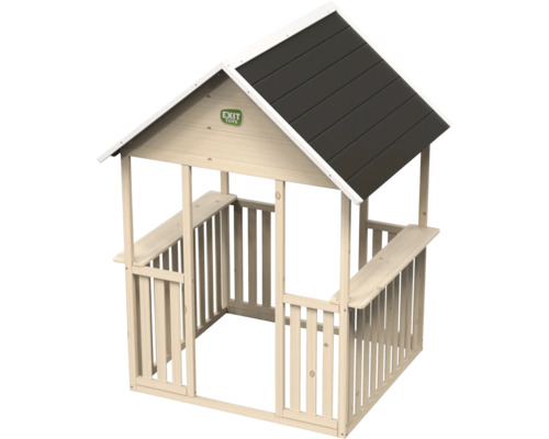 Dřevěný domeček na hraní se střechou a vestavěnými lavicemi