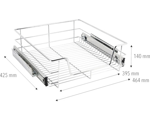 Výsuvný koš s rozměry 425 mm délka, 395 mm šířka a 140 mm výška
