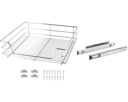 Kovový výsuvný koš s montážním materiálem pro skříně