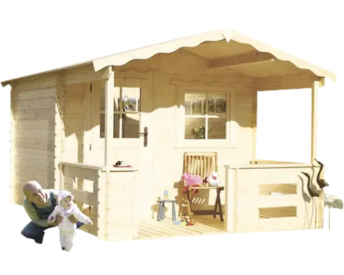 Dřevěný hrací domek s verandou, okny a dveřmi pro děti na zahradě
