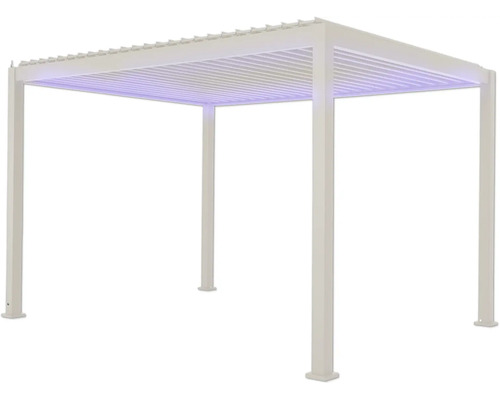 Volně stojící bílá pergola s lamelovou střechou a LED osvětlením do zahrady