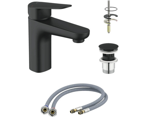 Umyvadlová baterie v černé barvě s montážním příslušenstvím a flexibilními připojovacími hadicemi