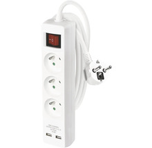 Prodlužovací kabel se třemi zásuvkami, vypínačem, USB portem a zástrčkou
