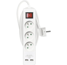 Prodlužovací kabel se třemi zásuvkami, vypínačem a dvěma USB porty