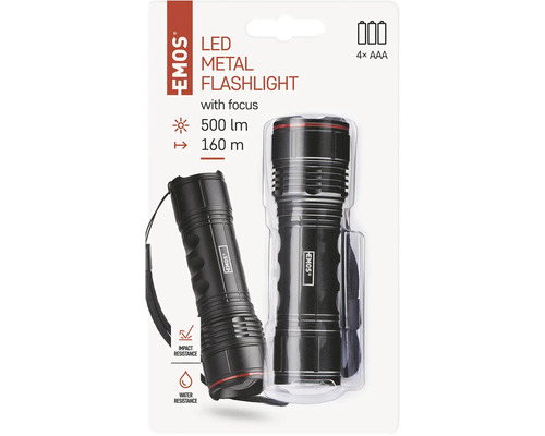 LED kovová svítilna se zaostřováním, 500 lumenů, dosah 160 metrů, vyžaduje čtyři baterie AAA, nárazuvzdorná a voděodolná