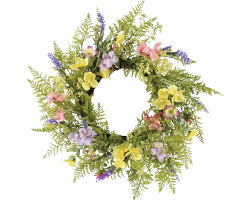 Dekorativní květinový věnec s barevnými květy a kapradinovými listy