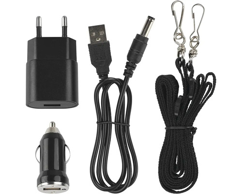 Sada nabíječky s napájecím adaptérem, USB kabelem, adaptérem do auta a popruhem