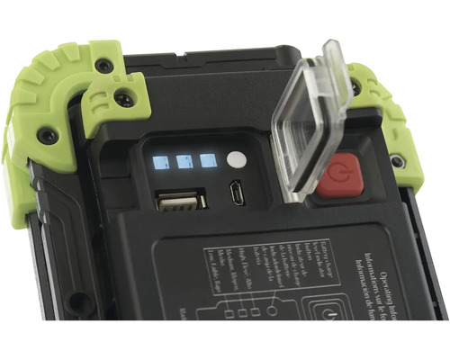 Detailní pohled na pracovní svítilnu s indikátorem baterie, USB portem a vypínačem.
