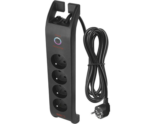 Černá prodlužovací zásuvka se čtyřmi zásuvkami, vypínačem a kabelem