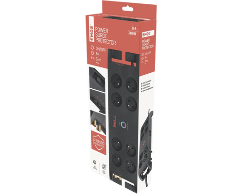 Prodlužovací přívod Emos s přepěťovou ochranou, osm zásuvek a třímetrový kabel