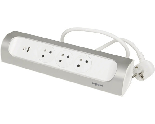 Prodlužovací kabel se třemi zásuvkami a dvěma porty USB, logo Legrand