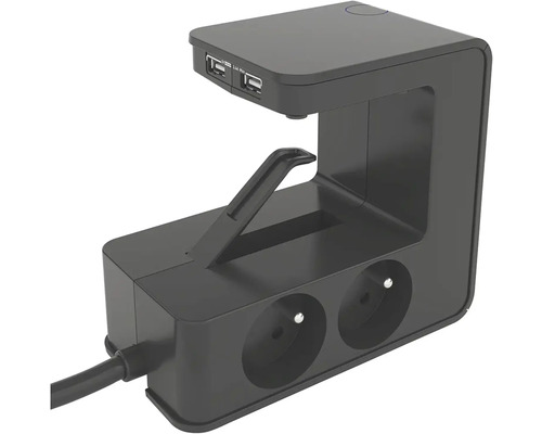 Černá zásuvková lišta s USB porty a držákem na mobilní telefon