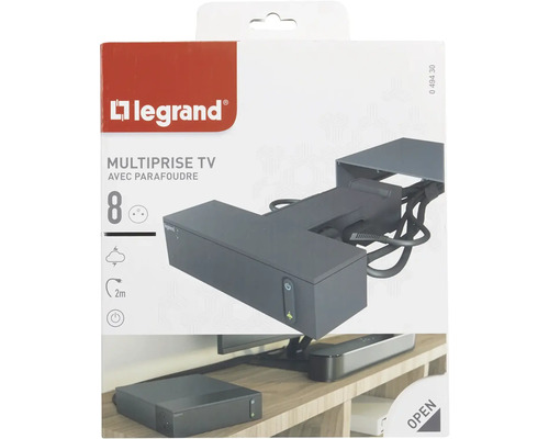 Logo Legrand. Televizní prodlužovací kabel s osmi zásuvkami a ochranou proti přepětí.