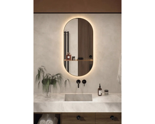 LED oválné zrcadlo do koupelny s osvětlením v rámu Cordia OVAL MIRROR LINE s poličkou 100 x 50 cm IP 44 Moderní koupelna s osvětleným zrcadlem, umyvadlem a armaturami