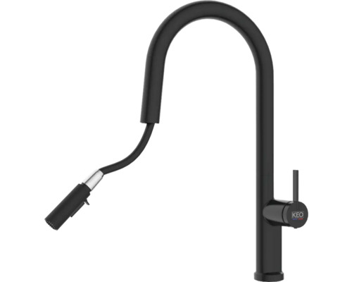 Černá kuchyňská baterie s výsuvnou sprchou a logem KEO